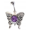 Butterfly Belly Bar Navel Button Ring w/ Purple Strass