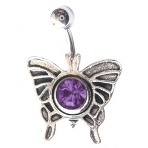 Butterfly Belly Bar Navel Button Ring w/ Purple Strass