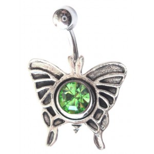 Butterfly Belly Bar Navel Button Ring w/ Green Strass