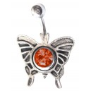 Butterfly Belly Bar Navel Button Ring w/ Red Strass
