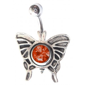 Butterfly Belly Bar Navel Button Ring w/ Red Strass