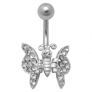 White Butterfly Belly Bar Navel Button Ring w/ Moving Wings