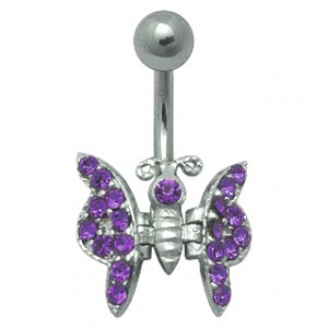 Purple Butterfly Belly Bar Navel Button Ring w/ Moving Wings