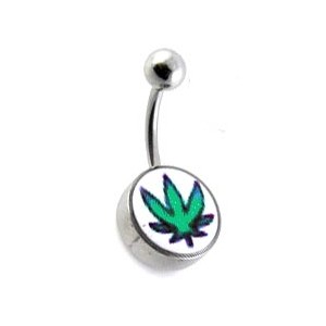 Green Cannabis Logo 316L Steel Belly Bar Navel Button Ring