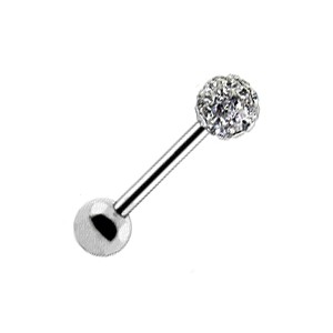 Tongue Barbell Ring with White Crystal Ball