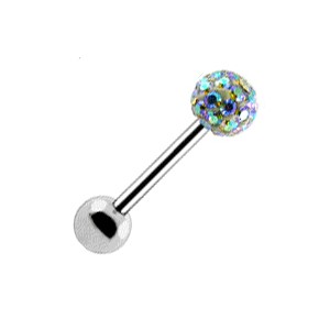 Tongue Barbell Ring with Rainbow Crystal Ball