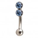 Steel Eyebrow Curved Bar Ring with Ball & Double Light Blue Rhinestone