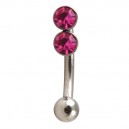 Steel Eyebrow Curved Bar Ring with Ball & Double Pink Rhinestone