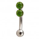 Steel Eyebrow Curved Bar Ring with Ball & Double Light Green Rhinestone