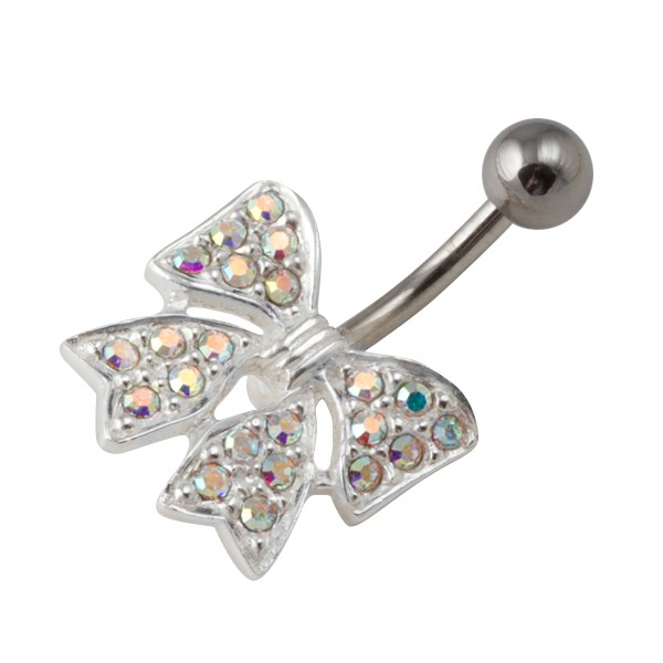 Barre De Nombril Papillon Plaqué Or 14K & Argent 925 | 14G - 10mm | Zircone Cubique Transparent | Bijou Piercing