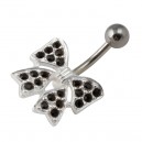 Black Strass 925 Silver & 316L Steel Bowtie Belly Bar Navel Button Ring