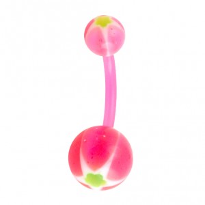 Bioflex Belly Bar Navel Button Ring with Pink/Green Star & Flower