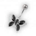 Black Pebble Stones Butterfly Belly Bar Navel Button Ring in 925 Silver & 316L Steel