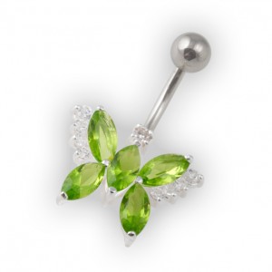 Light Green Pebble Stones Butterfly Belly Bar Navel Button Ring in 925 Silver & 316L Steel