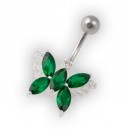 Dark Green Pebble Stones Butterfly Belly Bar Navel Button Ring in 925 Silver & 316L Steel