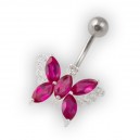 Dark Pink Pebble Stones Butterfly Belly Bar Navel Button Ring in 925 Silver & 316L Steel