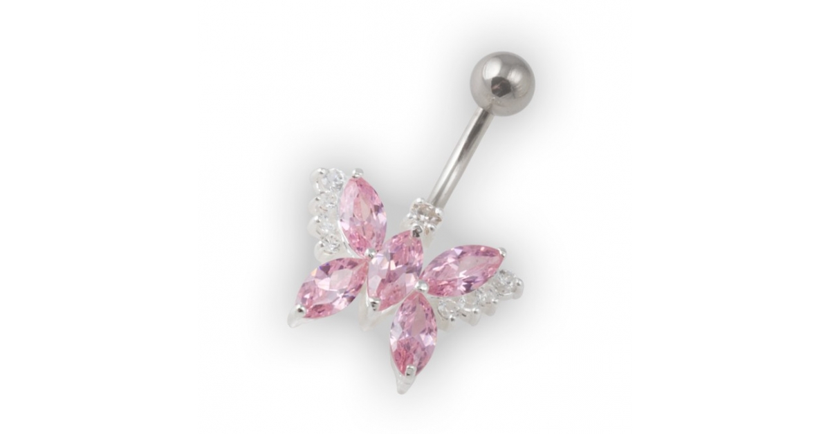 Silver Pink Butterfly Pendant Rhinestone Gem Belly Button Bar