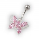 Light Pink Pebble Stones Butterfly Belly Bar Navel Button Ring in 925 Silver & 316L Steel