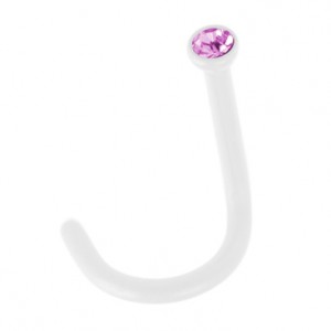 White Flexible Bioflex Nose Stud Screw Ring w/ Pink Strass
