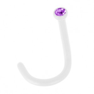 White Flexible Bioflex Nose Stud Screw Ring w/ Purple Strass