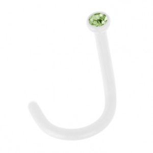 White Flexible Bioflex Nose Stud Screw Ring w/ Light Green Strass