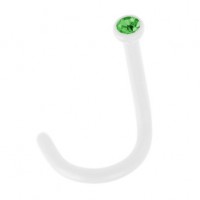 White Flexible Bioflex Nose Stud Screw Ring w/ Dark Green Strass