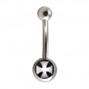 Fancy Eyebrow Curved Bar Ring w/ White/Black Maltese Cross Symbol