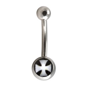Fancy Eyebrow Curved Bar Ring w/ White/Black Maltese Cross Symbol