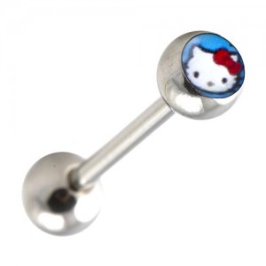 Surgical Steel Tongue Barbell Ring w/ Blue Hello Kitty