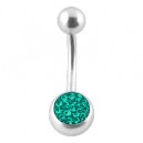 Belly Bar Navel Button Ring w/ Balls & Emerald Crystal Strass