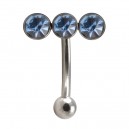 Steel Eyebrow Curved Bar Ring with Horizontal Triple Light Blue Strass
