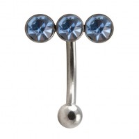 Steel Eyebrow Curved Bar Ring with Horizontal Triple Light Blue Strass
