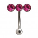 Steel Eyebrow Curved Bar Ring with Horizontal Triple Pink Strass