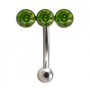 Steel Eyebrow Curved Bar Ring with Horizontal Triple Light Green Strass