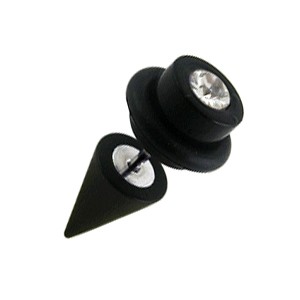 Black Earlobe Fake Plug w/ Cone & White Zirconia O Ring Cylinder