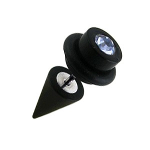 Black Earlobe Fake Plug w/ Cone & Light Blue Zirconia O Ring Cylinder