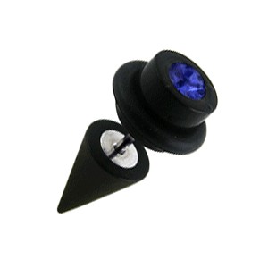 Black Earlobe Fake Plug w/ Cone & Dark Blue Zirconia O Ring Cylinder