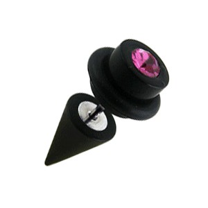 Black Earlobe Fake Plug w/ Cone & Pink Zirconia O Ring Cylinder