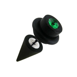 Black Earlobe Fake Plug w/ Cone & Dark Green Zirconia O Ring Cylinder