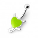 Devil 925 Silver & 316L Steel Belly Bar Navel Button Ring with Rexine Apple Green Heart
