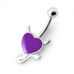 Devil 925 Silver & 316L Steel Belly Bar Navel Button Ring with Rexine Purple Heart