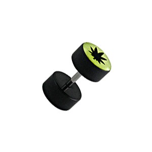 Earlobe Black Fake Plug Stud Earring w/ Glow in Dark Cannabis