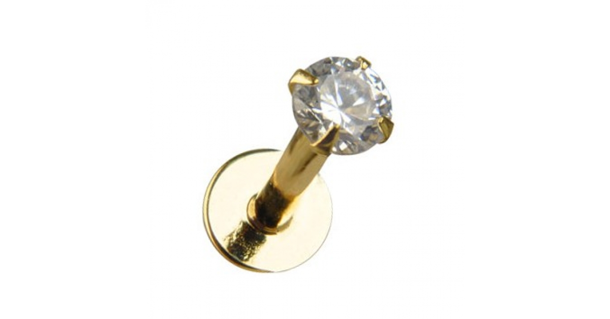 Piercing Labret / Labio Push-Fit Oro Amarillo de 14K Zirconia Blanco