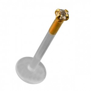 14K Yellow Gold Push-Fit Bioflex Labret Piercing Bar Stud w/ Round White Zirconia