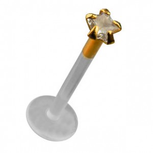 Labret-Piercing Push-Fit Bioflex 14 Karat Gold Zirkon Weiß Stern