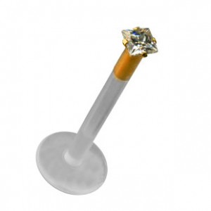 Labret-Piercing Push-Fit Bioflex 14 Karat Gold Zirkon Weiß Quadrat