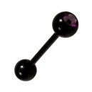 Black Anodized Tongue Bar Ring Piercing with Dark Pink Strass