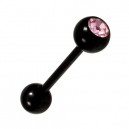 Black Anodized Tongue Bar Ring Piercing with Light Pink Strass