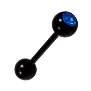 Black Anodized Tongue Bar Ring Piercing with Dark Blue Strass