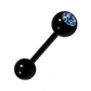Black Anodized Tongue Bar Ring Piercing with Light Blue Strass